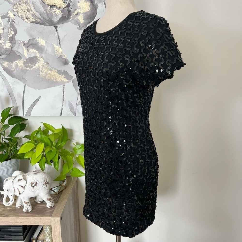Vtg Petite Lanz Black Sequin Mini Cocktail Dress Made in USA Holiday Party Goth - Picture 3 of 9